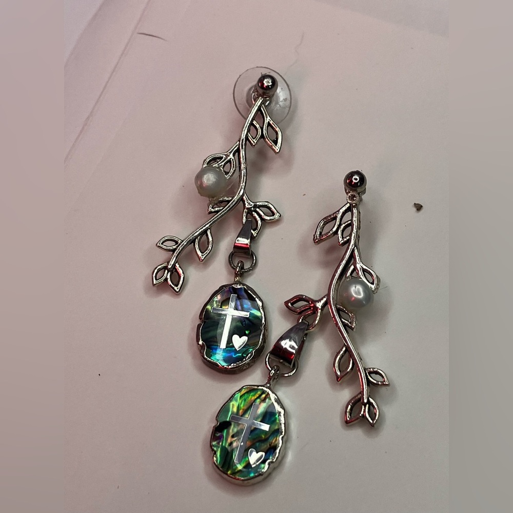 Handmade Silver Leaf Cross Heart earrings White pearl Aurora Barriles Charm - Picture 3 of 12